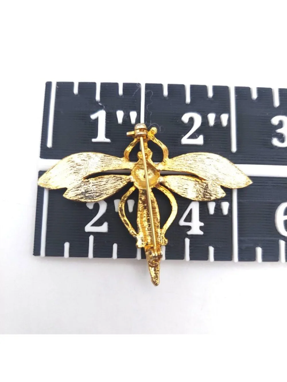 Dragonfly Brooch Pin Gold Tone Black & Silver Accents Bug Insect Art Vintage